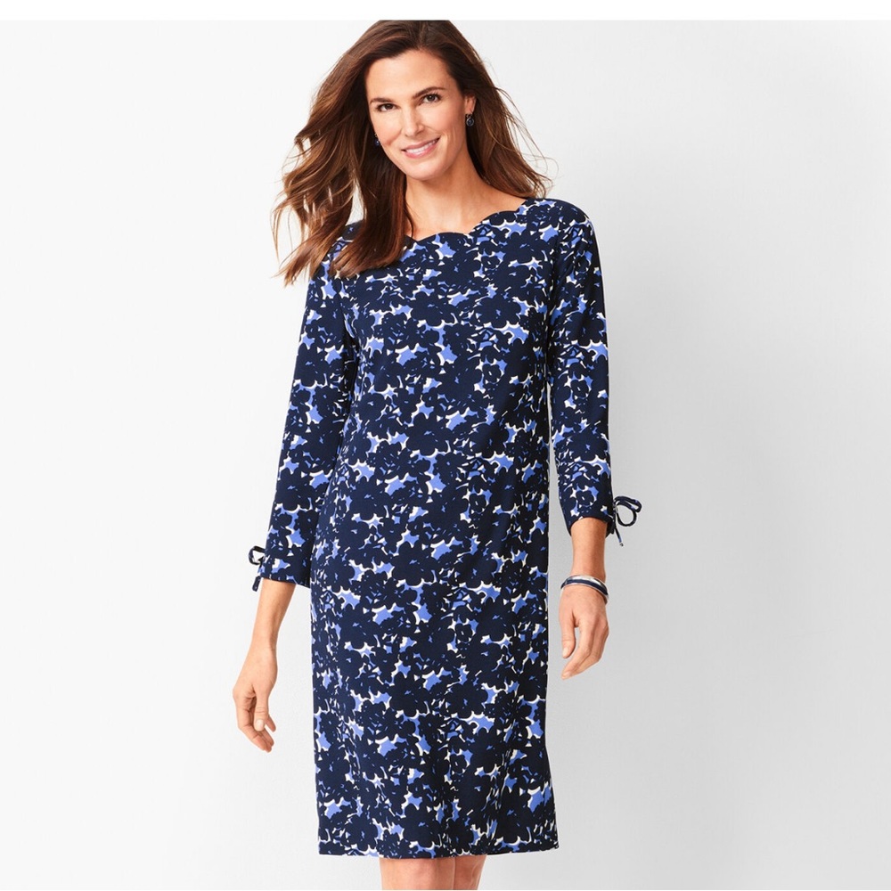 Talbots Crepe Blue and White Floral Shift Dress
